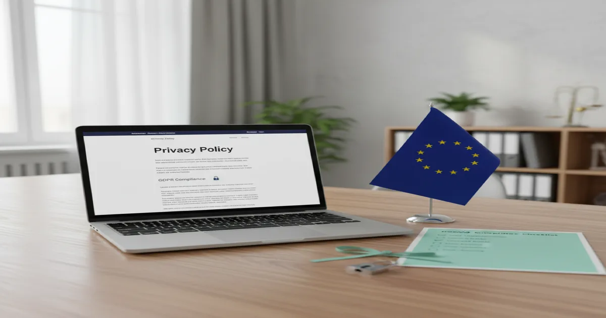 Laptop mit Datenschutzerklaerung, EU-Flagge und DSGVO-Checkliste