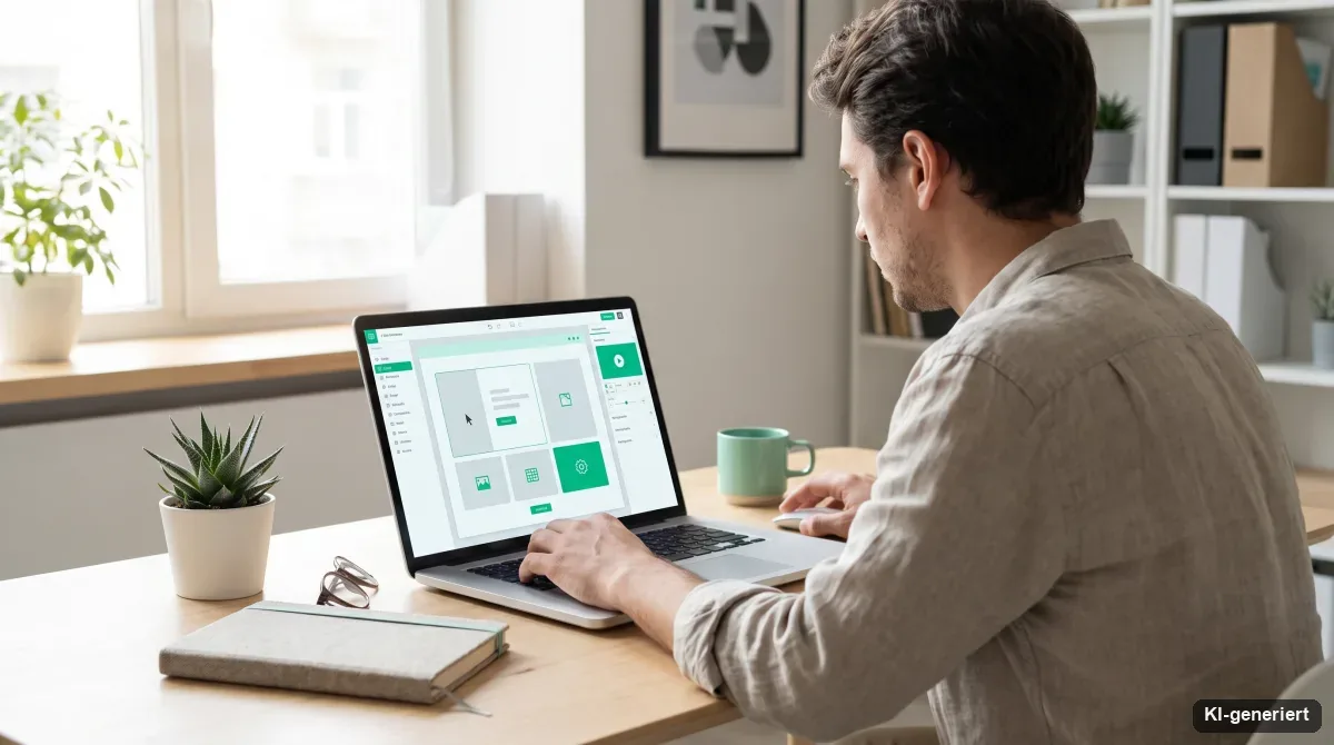 Person baut auf dem Laptop eine Website mit einem KI-Website-Builder per Baustein-Oberfläche