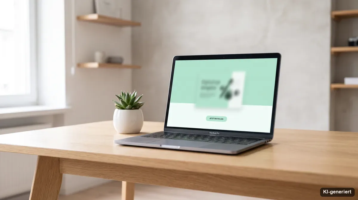 Fokussierte Landingpage auf einem Laptop auf einem aufgeräumten Schreibtisch