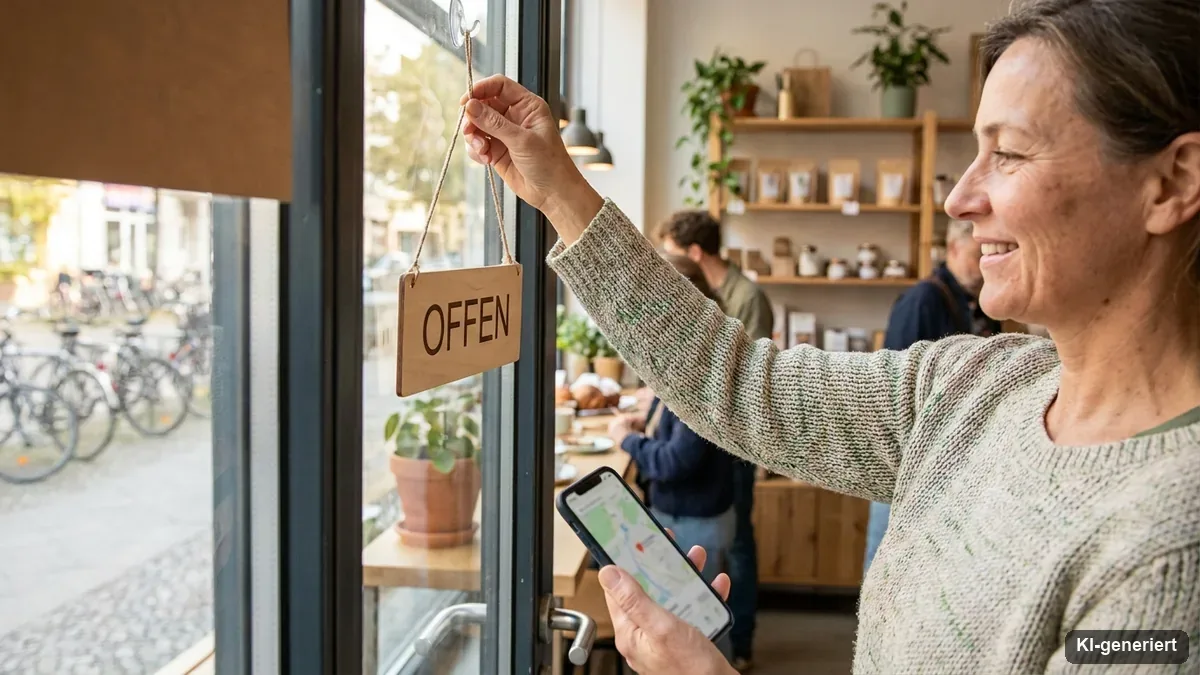 Ladenbesitzer öffnet sein Geschäft und prüft die Karten-App