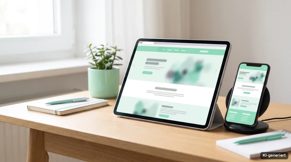 One-Pager-Website auf Tablet und Smartphone auf einem minimalistischen Schreibtisch