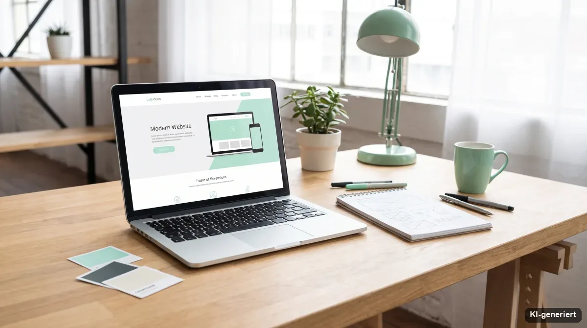 Arbeitsplatz eines Webdesigners mit Laptop, Farbmustern und Wireframe-Skizze für professionelles Webdesign