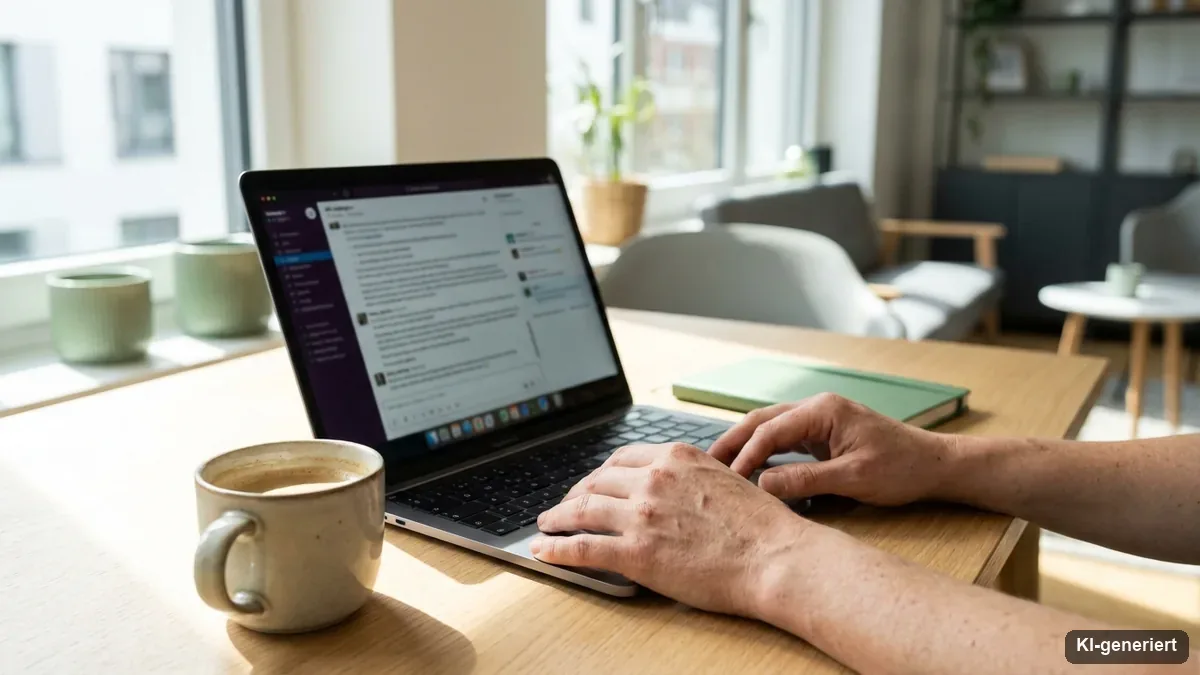 Laptop mit einer KI-Chat-Antwort auf einem hellen Schreibtisch