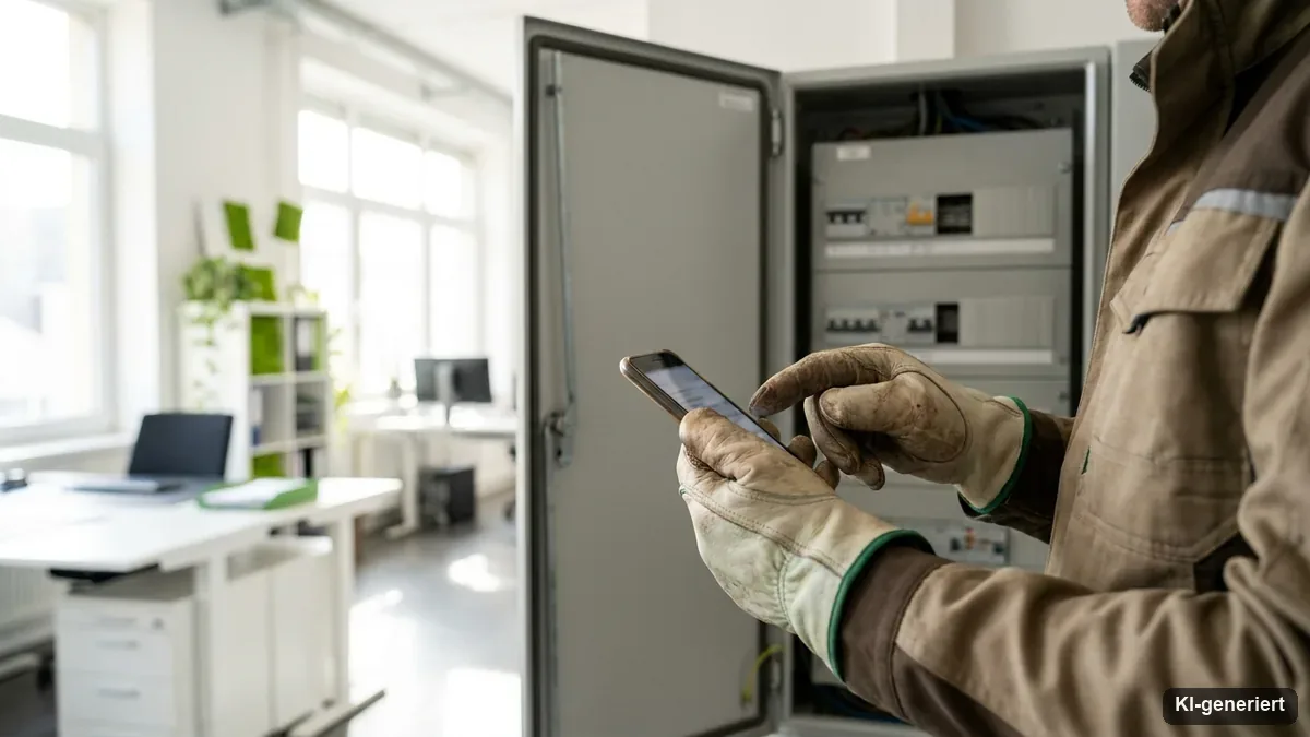 Elektriker prüft unterwegs eine Kundenanfrage auf dem Smartphone