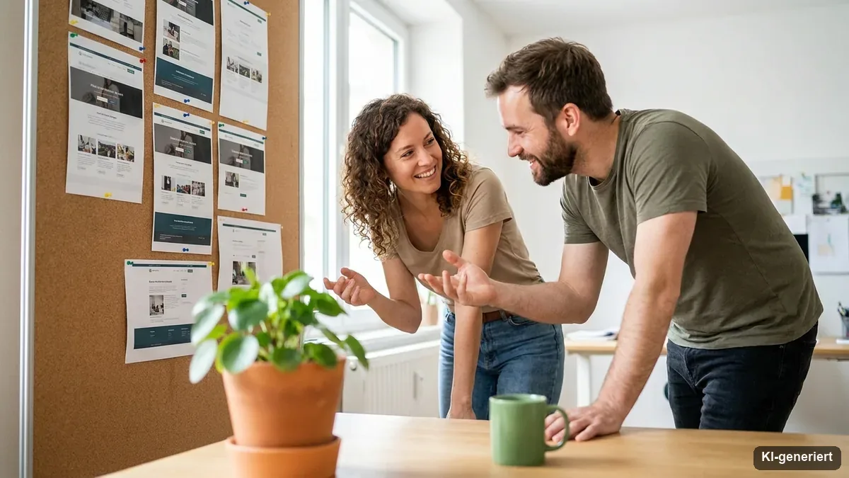 Zwei Personen vergleichen ausgedruckte Website-Referenzen an einer Wand