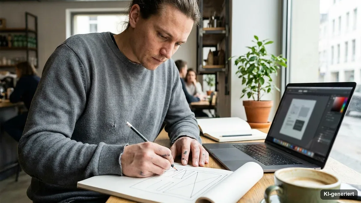Layout-Skizze auf Papier neben einem Laptop mit Design-Werkzeug
