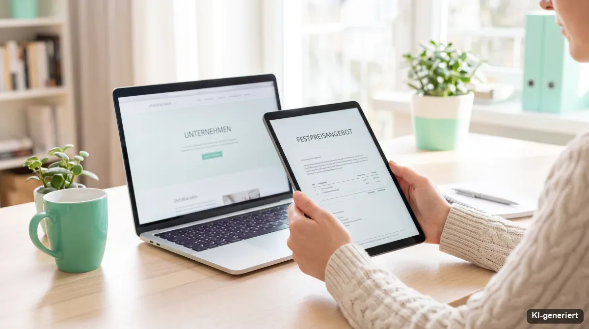 Unternehmerin prüft ein Festpreis-Angebot für eine Website am Tablet