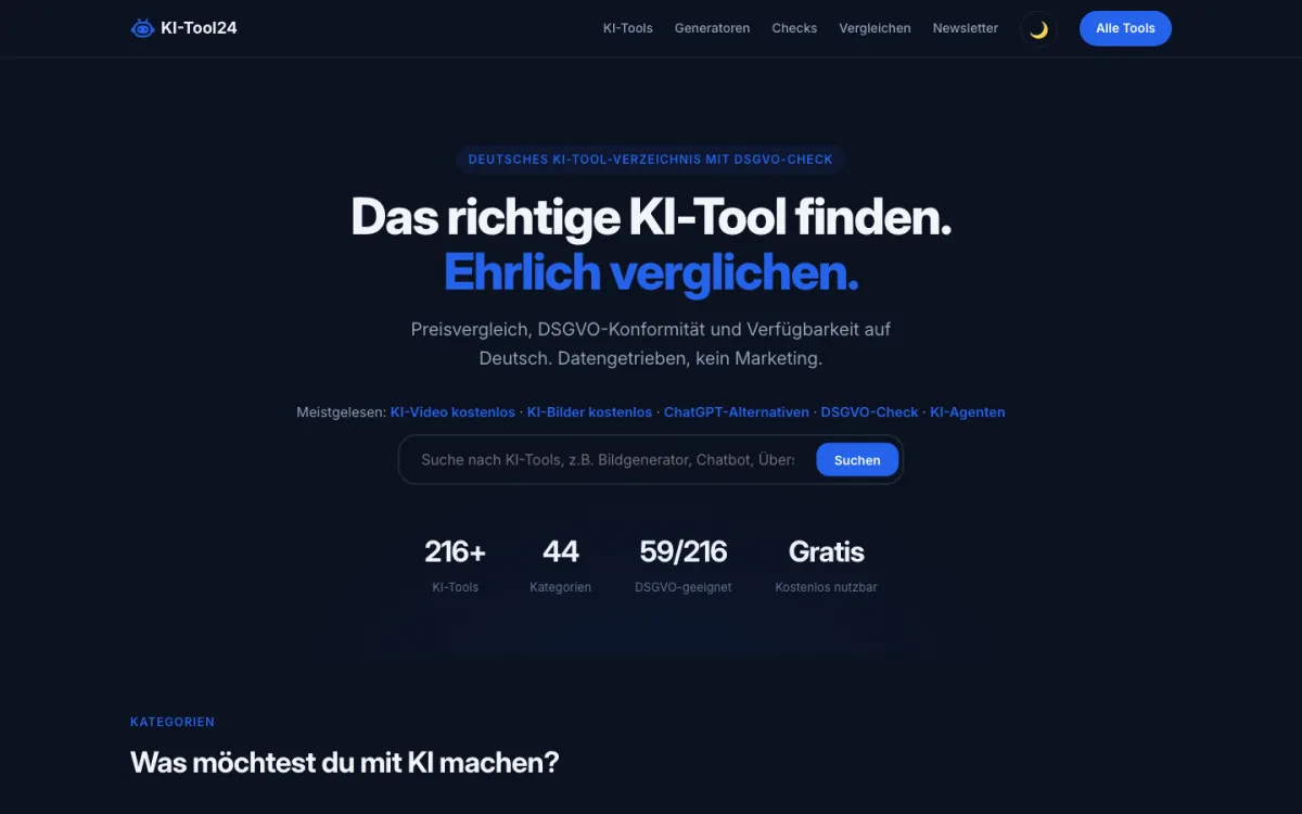 KI-Tool24 Verzeichnis mit ueber 216 KI-Tools und DSGVO-Check