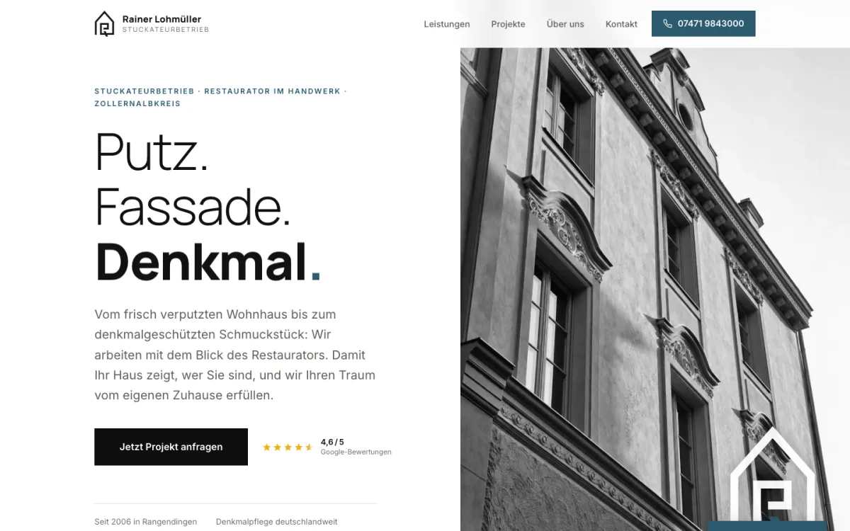 Website des Stuckateurbetriebs Lohmüller mit Denkmalpflege-Fokus